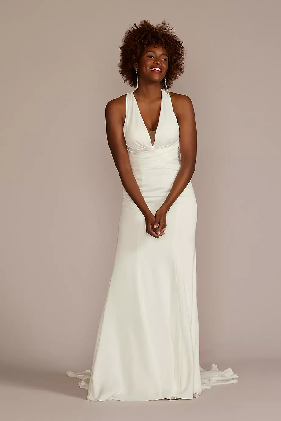 As Is Crepe Back Satin Sheath Wedding Dress in Soft White Size: 4 David's Bridal
