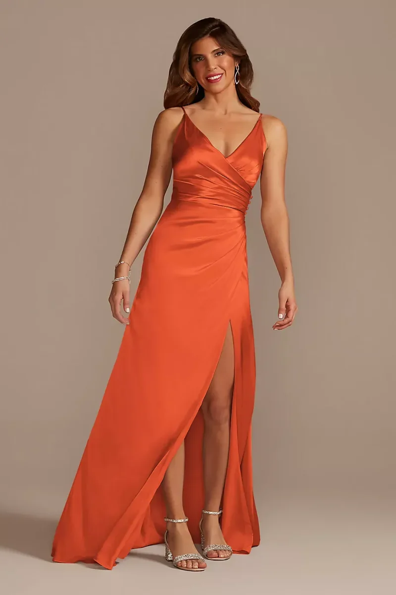 Galina Signature Tall Charmeuse Draped Strappy Dress in Sunset Coral Size: 2 David's Bridal