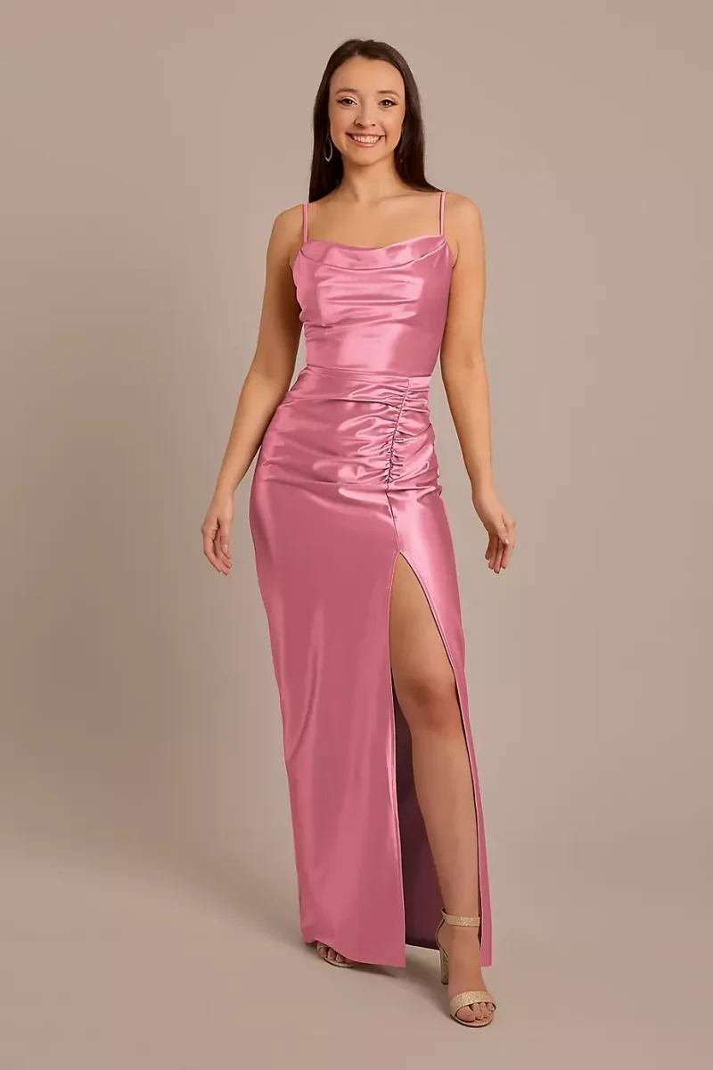 Celebrate DB Studio Sculpting Satin Cowl Neck Ruched Dress in Rose Pink Size: 2 David's Bridal