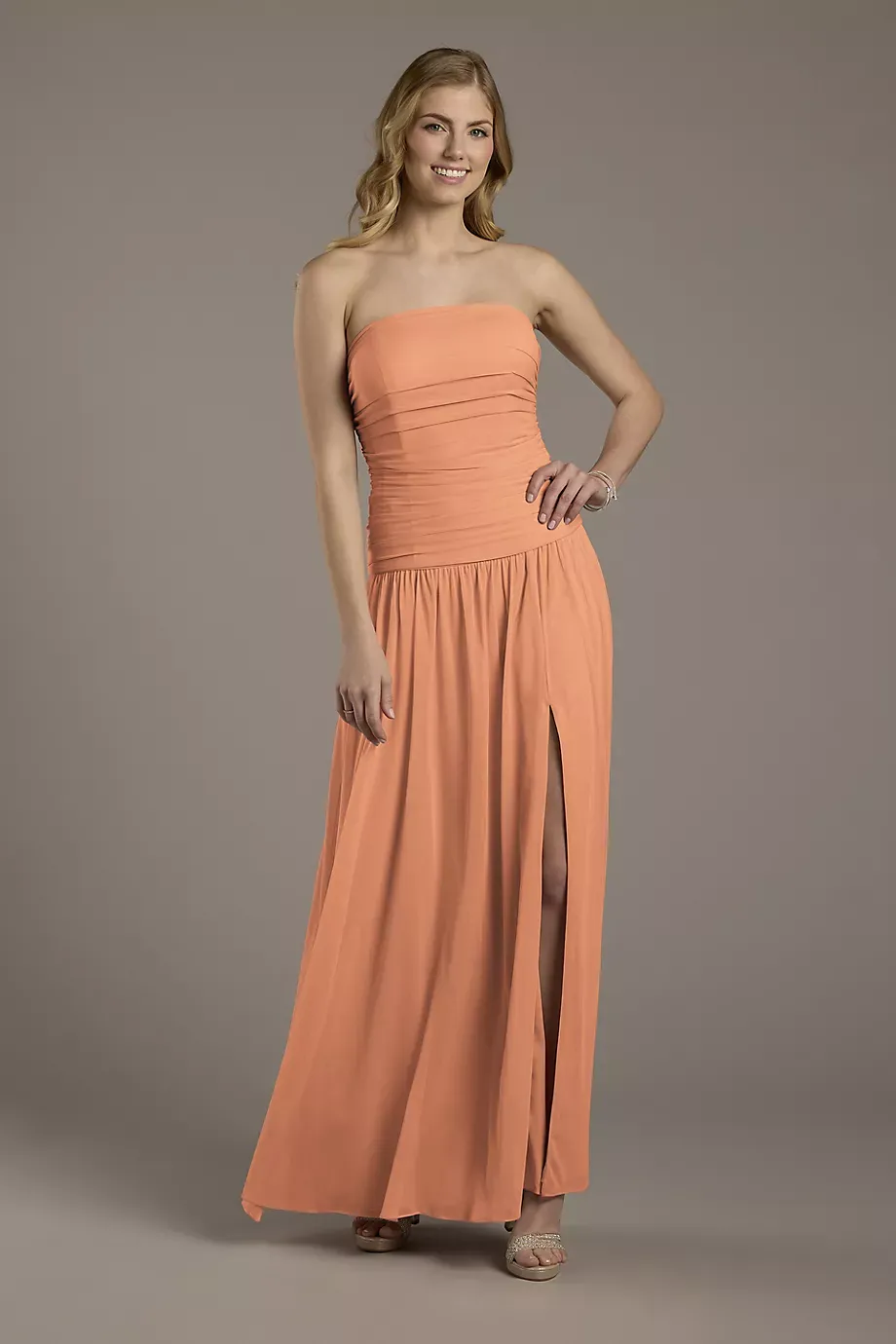 Celebrate DB Studio Mesh Strapless Drop Waist Dress in Terracotta Size: 0 David's Bridal