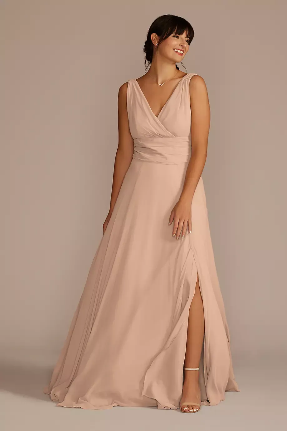 Celebrate DB Studio Long Chiffon Surplice Tank Dress in Sand Size: 2 David's Bridal
