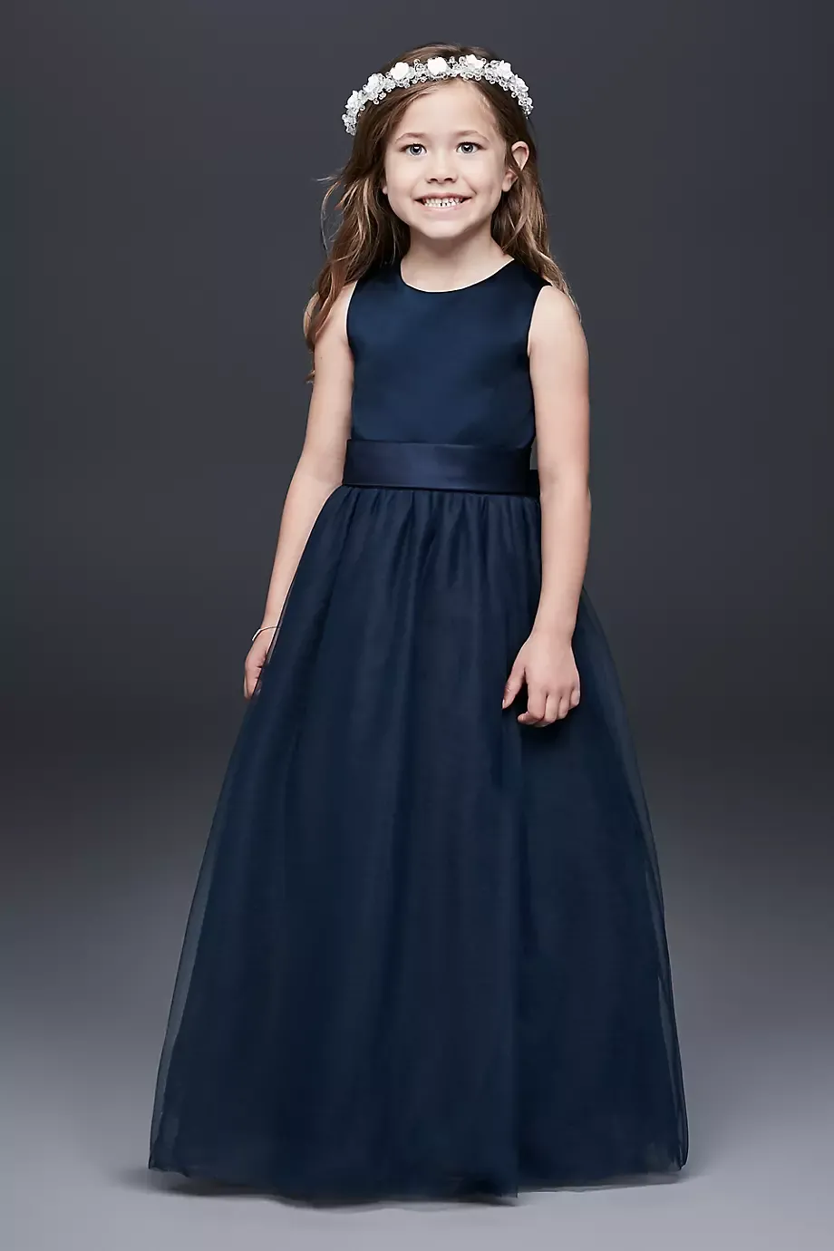 Satin Flower Girl Dress With Tulle Skirt in Marine Size: 14 David's Bridal