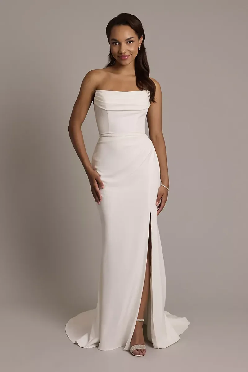DB Studio Stretch Crepe Sculpted Cowl Sheath Wedding Dress in Soft White Size: 14 David's Bridal