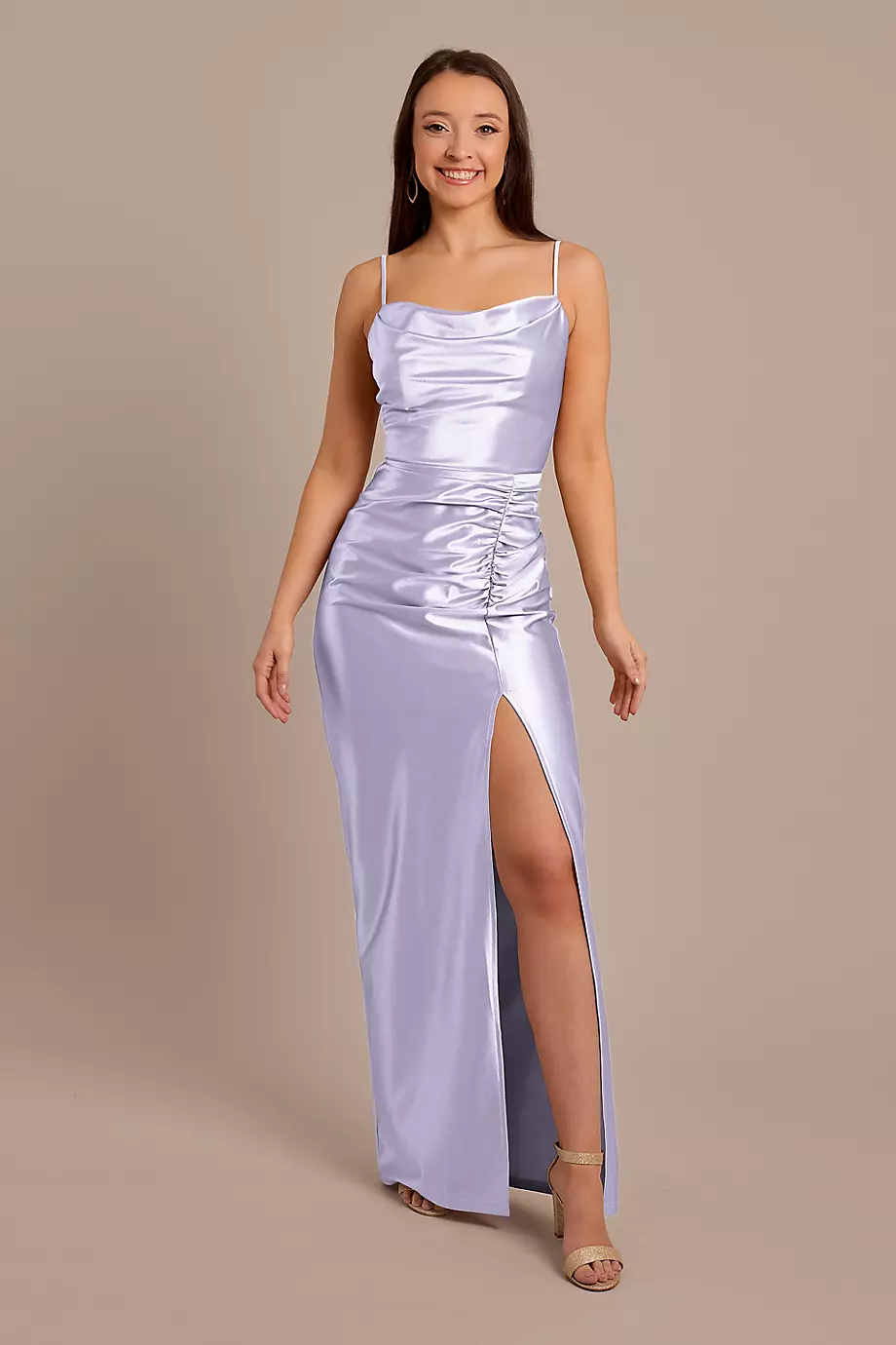 Celebrate DB Studio Sculpting Satin Cowl Neck Ruched Dress in Iris Size: 20 David's Bridal
