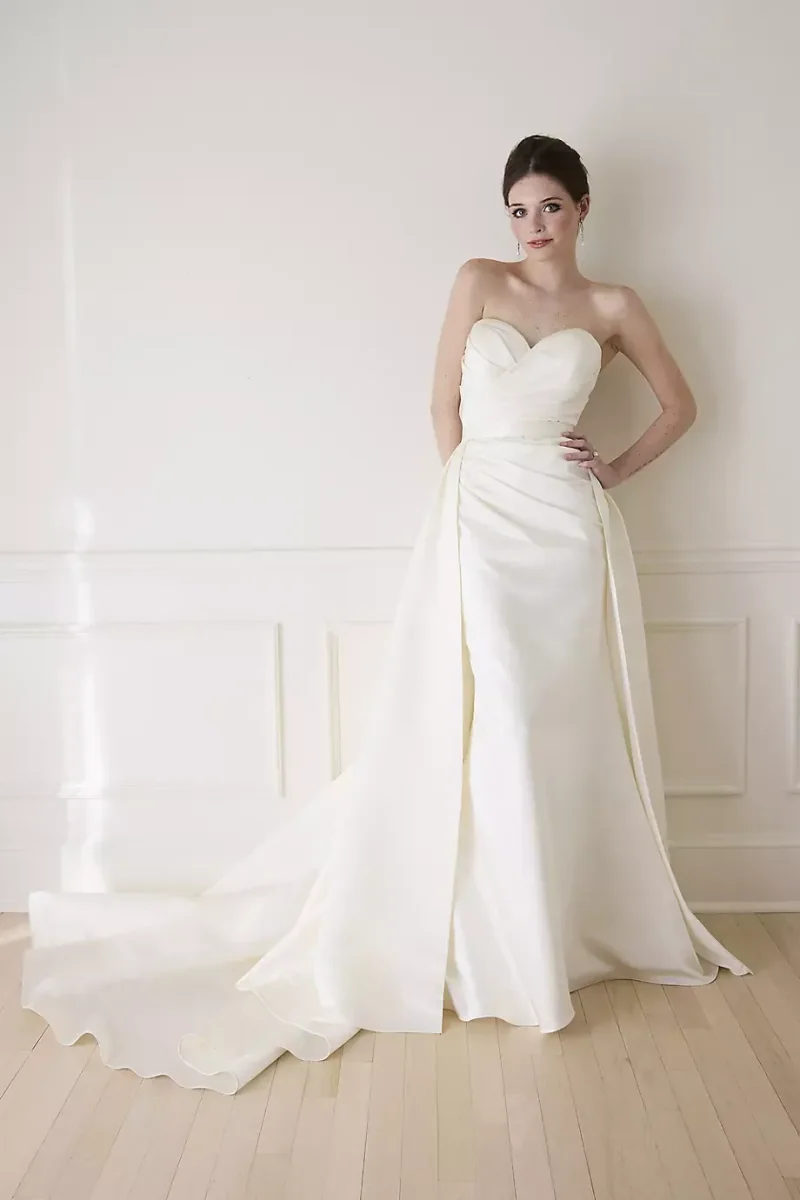 DB Studio Satin Ruched Bodice Wedding Dress With Overskirt in Ivory Size: 16W David's Bridal