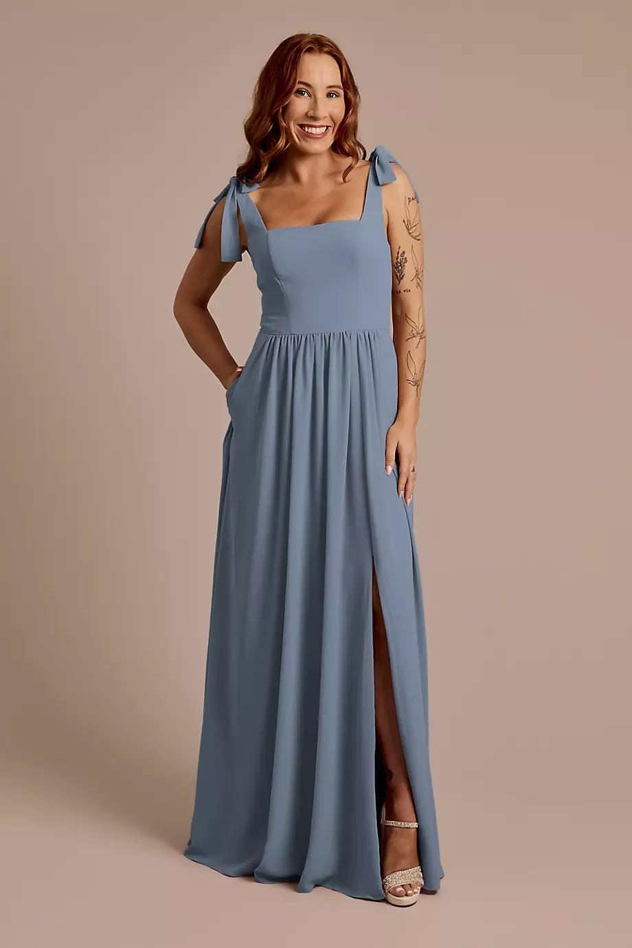 Celebrate DB Studio Chiffon Tie Strap Tank A-Line Dress in Steel Blue Size: 22 David's Bridal