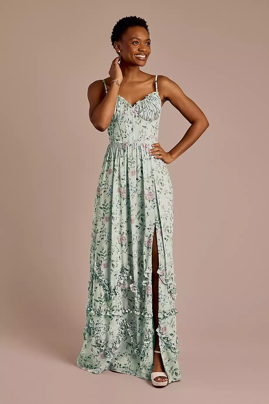 Celebrate DB Studio Ruffled Floral Chiffon Spaghetti Strap Dress in Dusty Sage Rose Floral Print Size: 0 David's Bridal