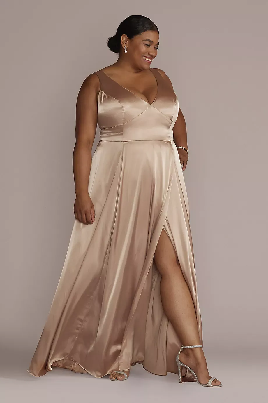 As Is Charmeuse Tank V-Neck Dress With Slit in Sand Size: 6 David's Bridal