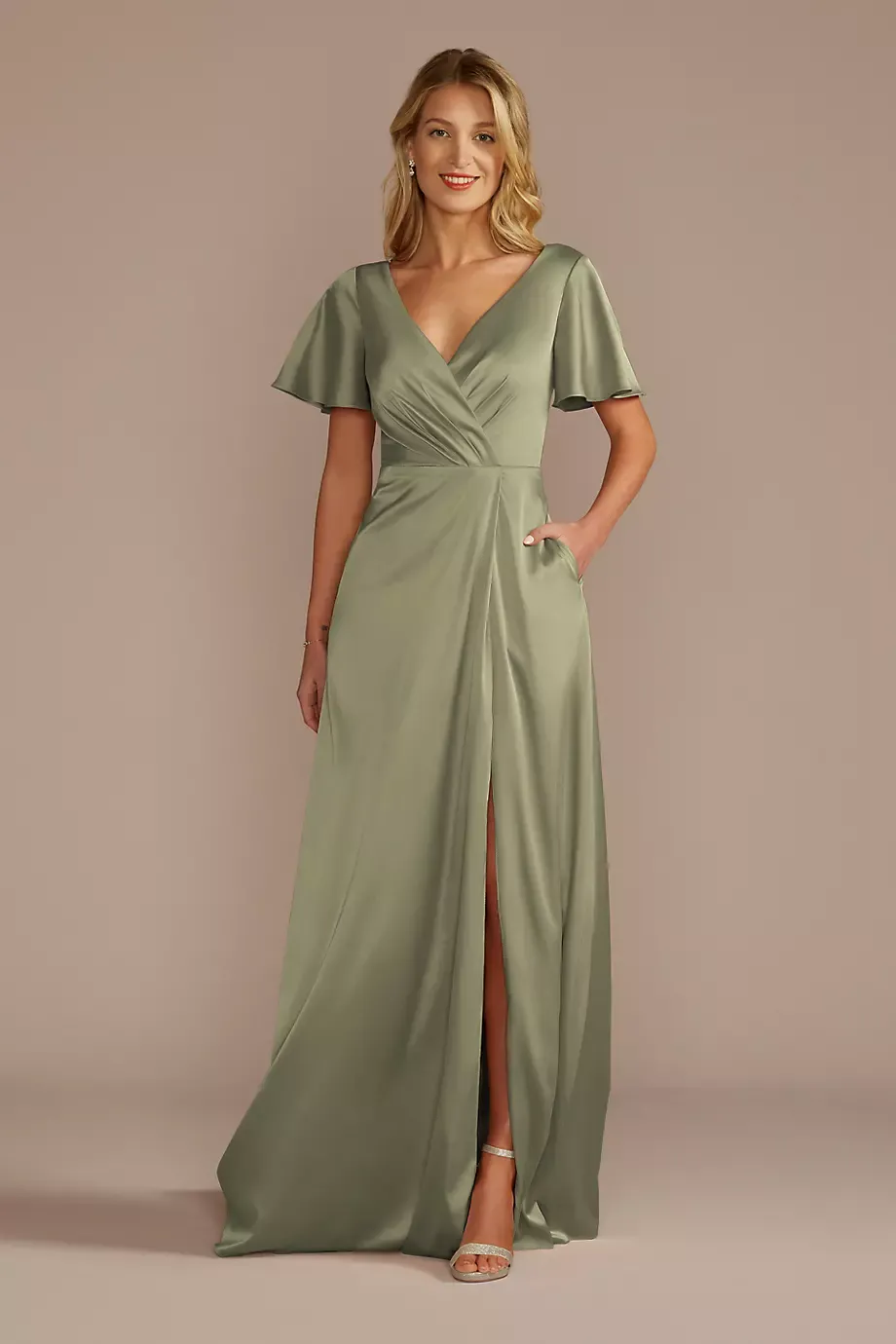 Celebrate DB Studio Short Sleeve Stretch Charmeuse Dress in Eucalyptus Size: 14 David's Bridal