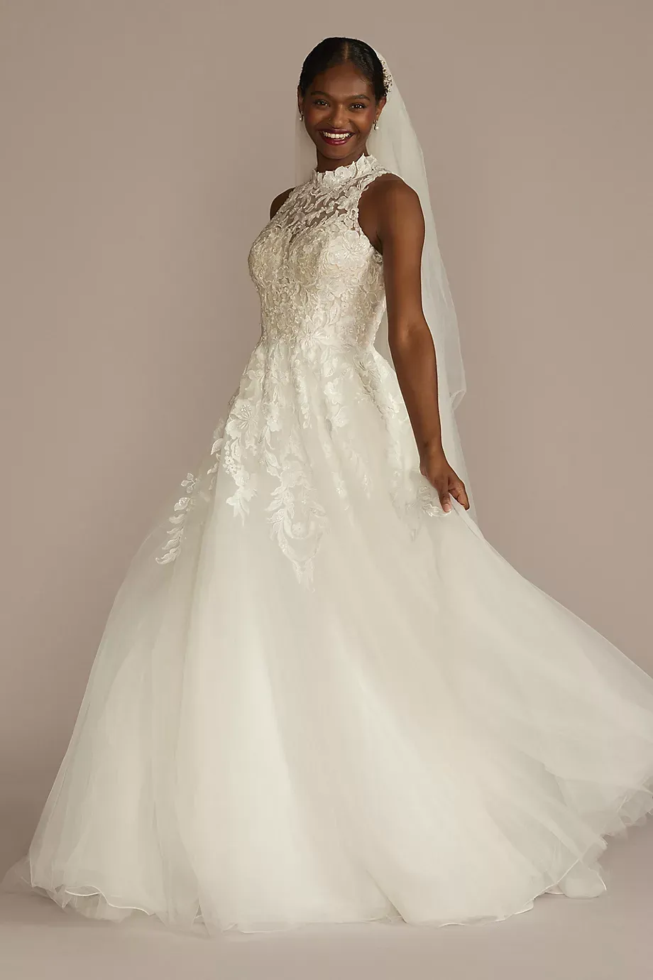 Oleg Cassini High Neck Lace Applique Tulle Wedding Dress in Soft White/Dark Champagne Size: 4 David's Bridal