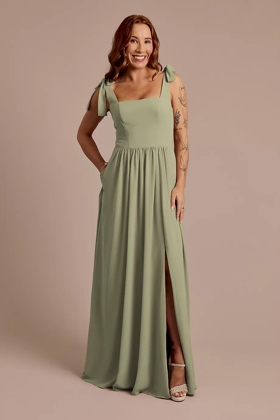 Celebrate DB Studio Chiffon Tie Strap Tank A-Line Dress in Eucalyptus Size: 12 David's Bridal