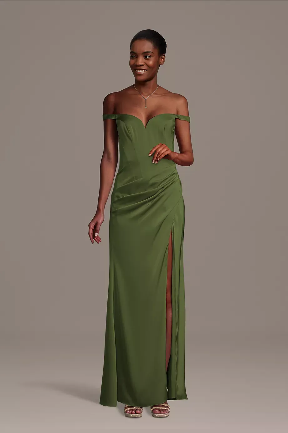 Galina Signature Matte Satin Drop Waist Off-The-Shoulder Dress in Martini Olive Size: Medium David's Bridal