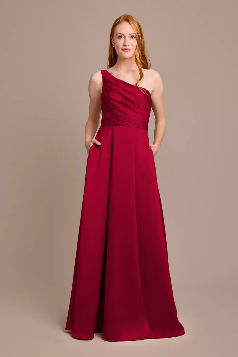 Celebrate DB Studio Satin One-Shoulder A-Line Pleated Dress in Apple Size: 20 David's Bridal