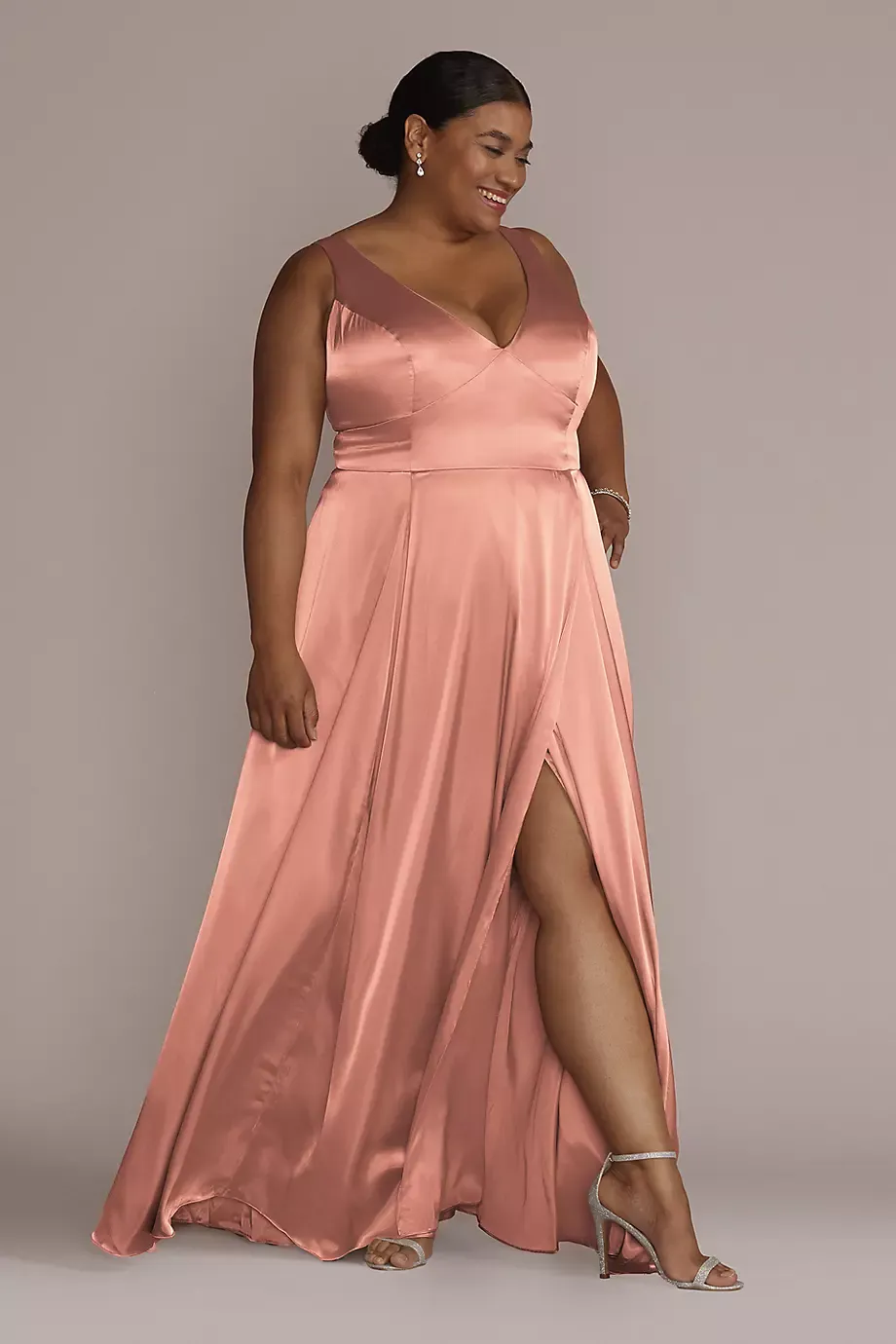 Galina Signature Charmeuse Tank V-Neck Dress With Slit in Desert Coral Size: 8 David's Bridal