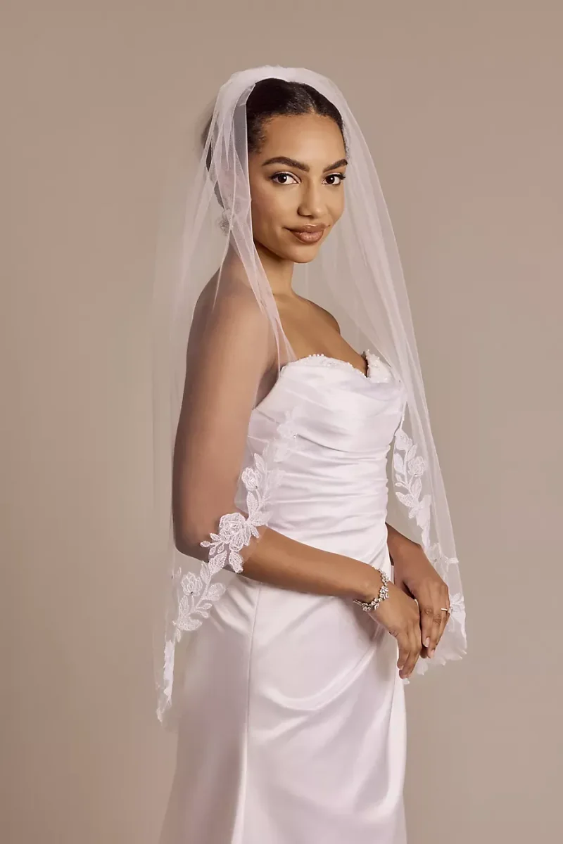 DB Studio Mid-Length Veil With Floral Lace Trim in White David's Bridal