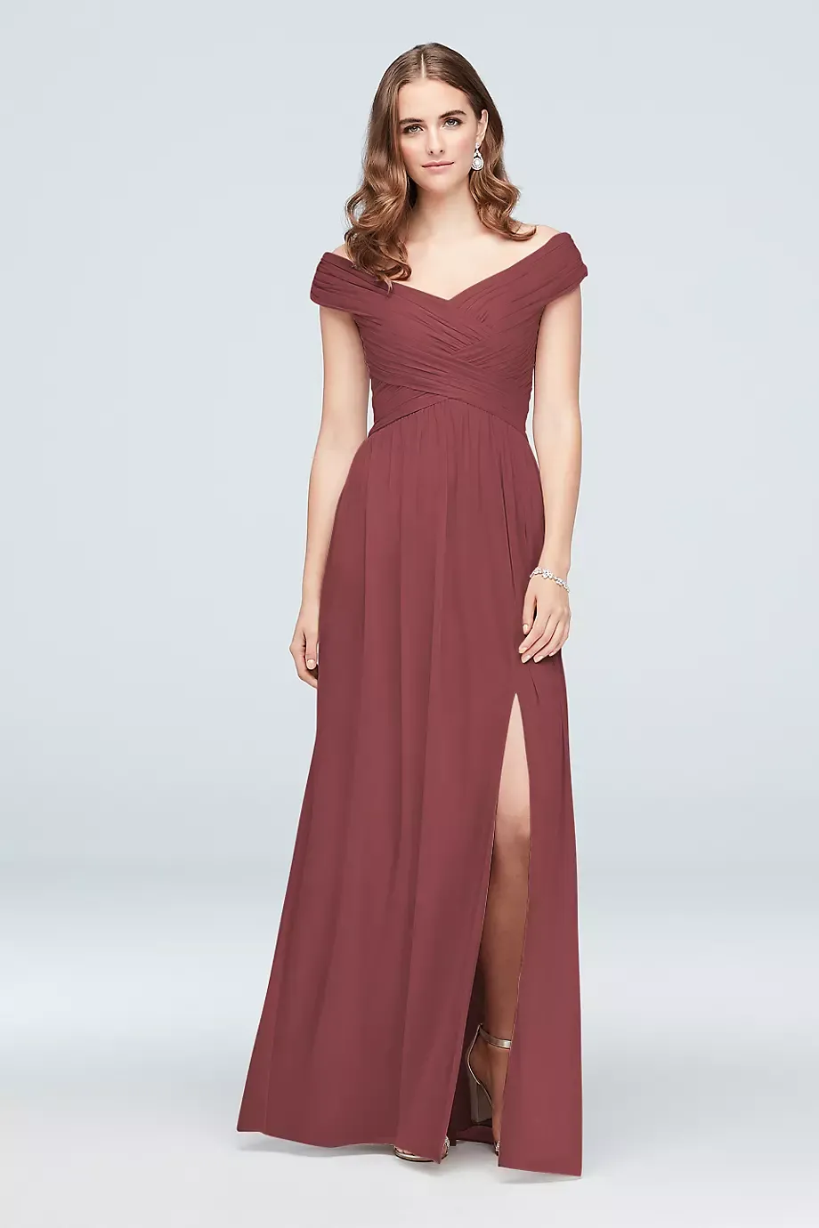 Celebrate DB Studio Off-The-Shoulder Mesh Tall Bridesmaid Dress in Chianti Size: 8 David's Bridal