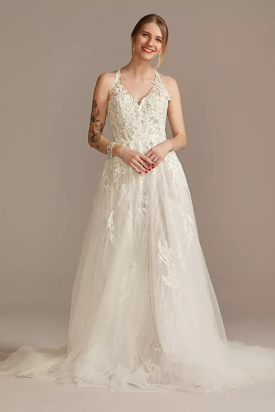 As Is Floral Applique Open Back Wedding Dress in Solid White Size: 14 David's Bridal