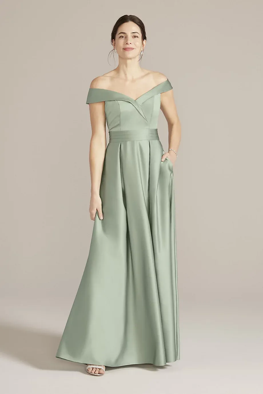 Oleg Cassini Off-The-Shoulder Pleated Satin A-line Dress in Dusty Sage Size: 14 David's Bridal