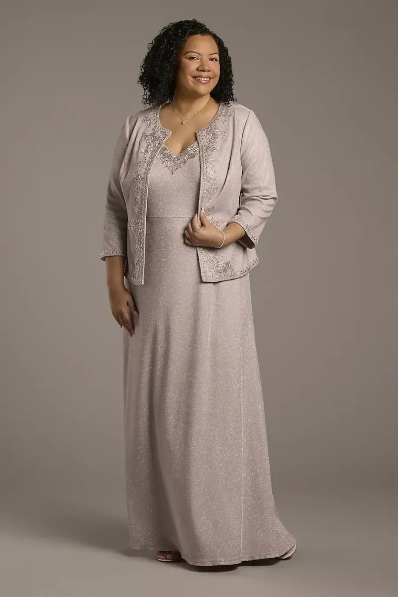 Oleg Cassini Glitter Knit Embroidered Plus Size Jacket Dress in Light Quartz Size: 18W David's Bridal