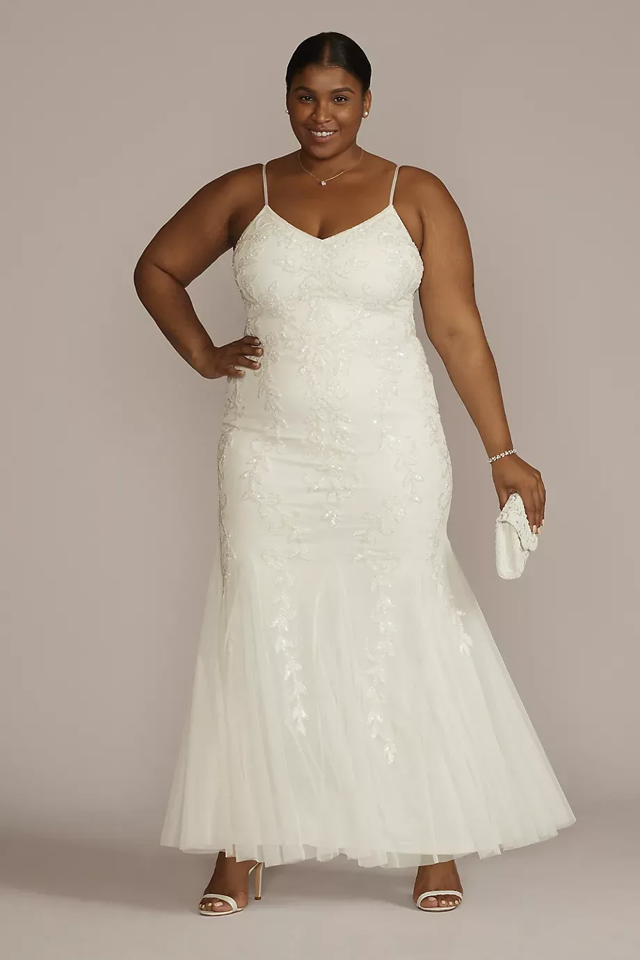 DB Studio Floral Beaded Sheath Plus Size Wedding Dress in Soft White Size: 16W David's Bridal