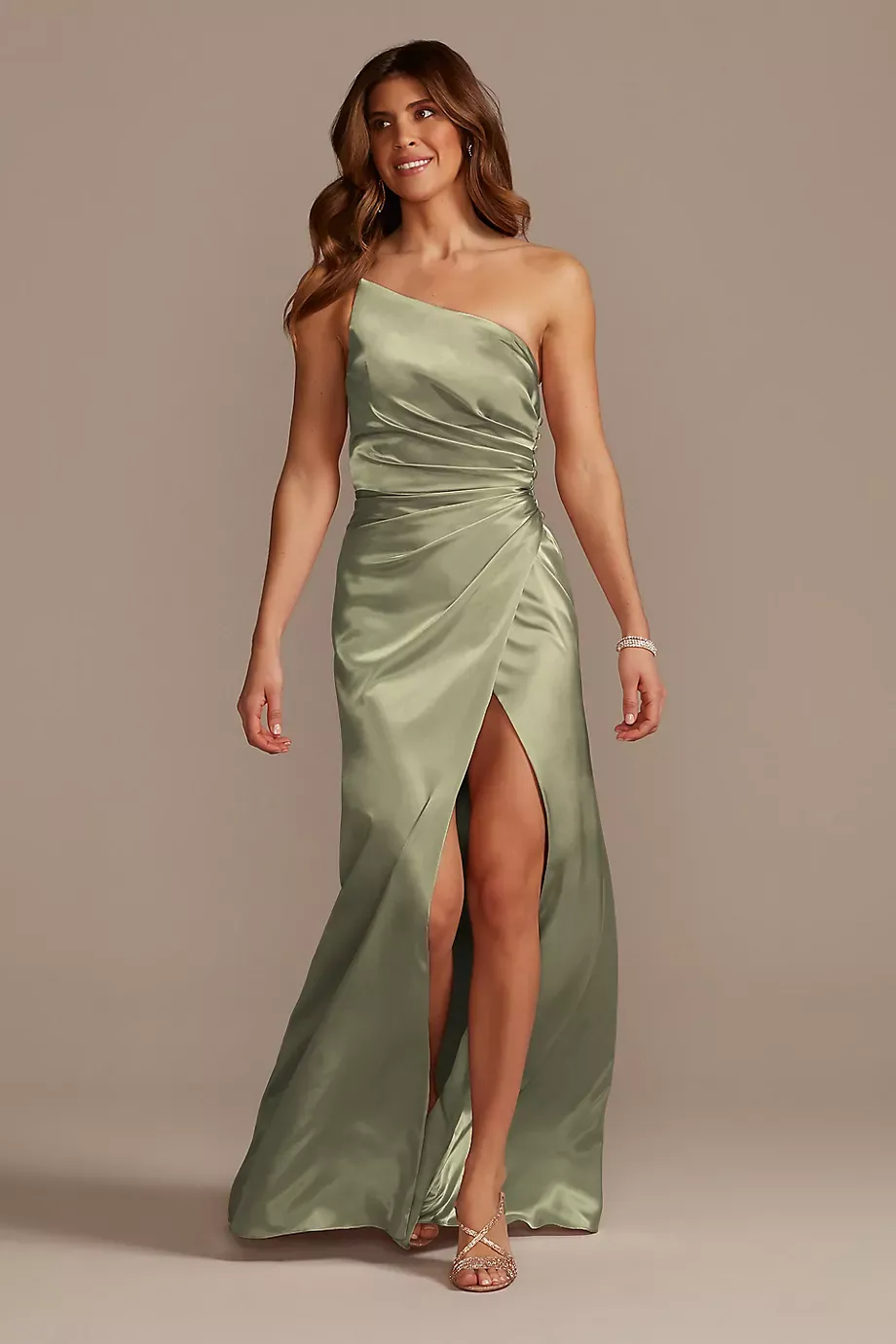Galina Signature Charmeuse Draped One-Shoulder Dress in Eucalyptus Size: 30 David's Bridal