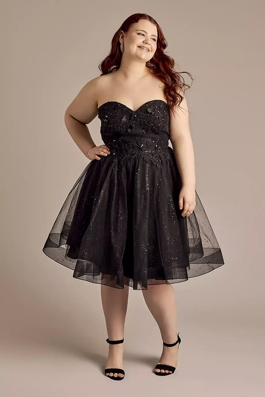 Jules and Cleo Strapless Tulle A-Line Dress With Floral Appliques in Black Size: 22 David's Bridal
