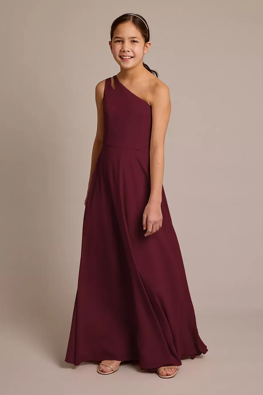 Celebrate DB Studio Chiffon One-Shoulder Junior Dress in Wine Size: 14 David's Bridal