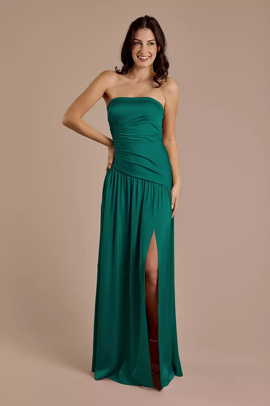 Galina Signature Matte Satin Strapless Drop Waist Dress in True Teal Size: 16 David's Bridal