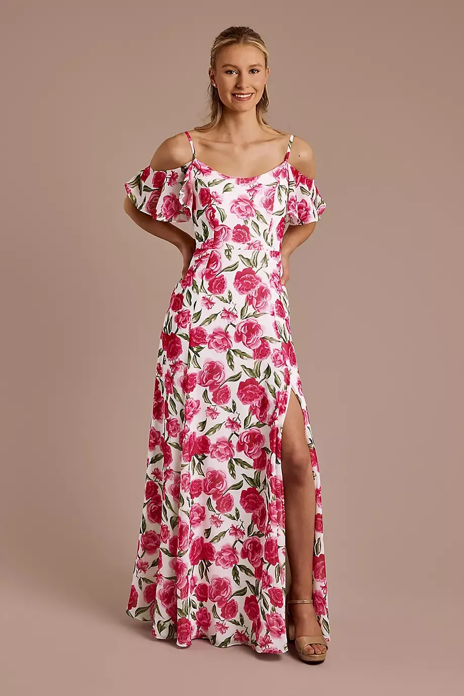 Celebrate DB Studio Floral Chiffon Cold-Shoulder Dress in Pink Rose Floral Print Size: 12 David's Bridal