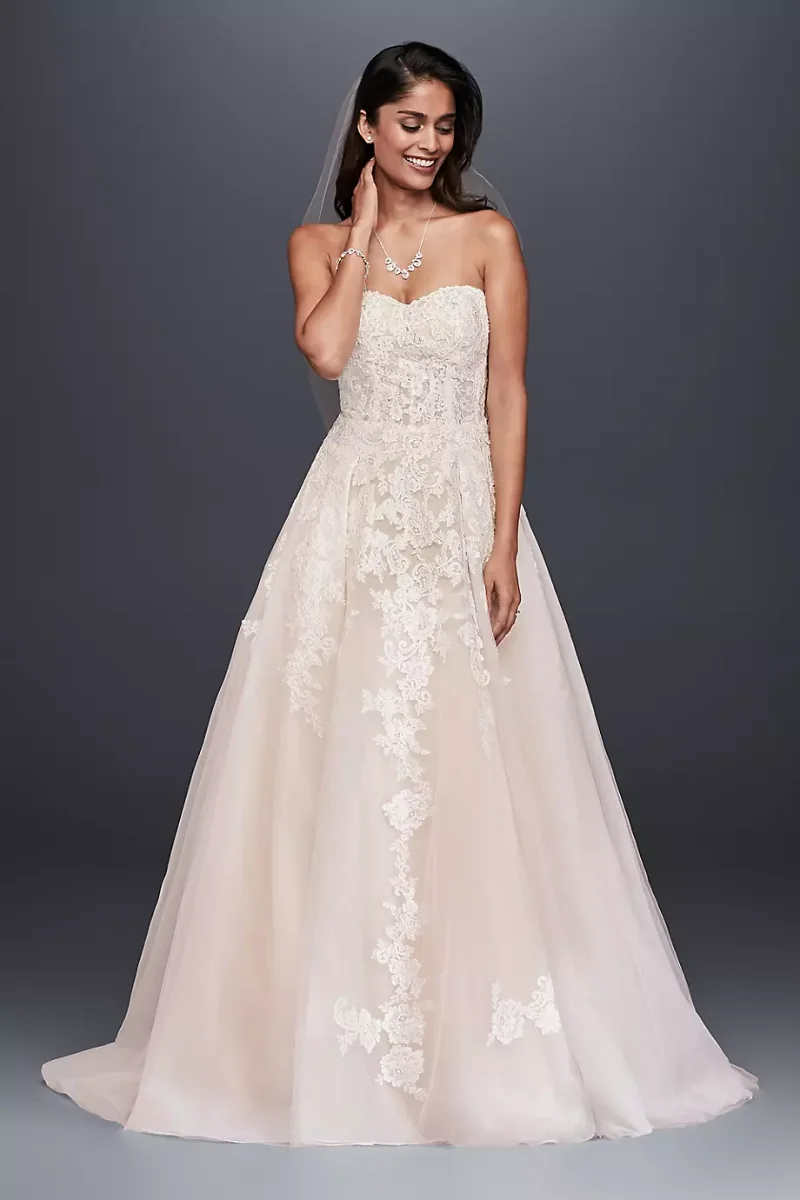 As-Is Sheer Lace And Tulle Ball Gown Wedding Dress in Solid Ivory Size: 12 David's Bridal