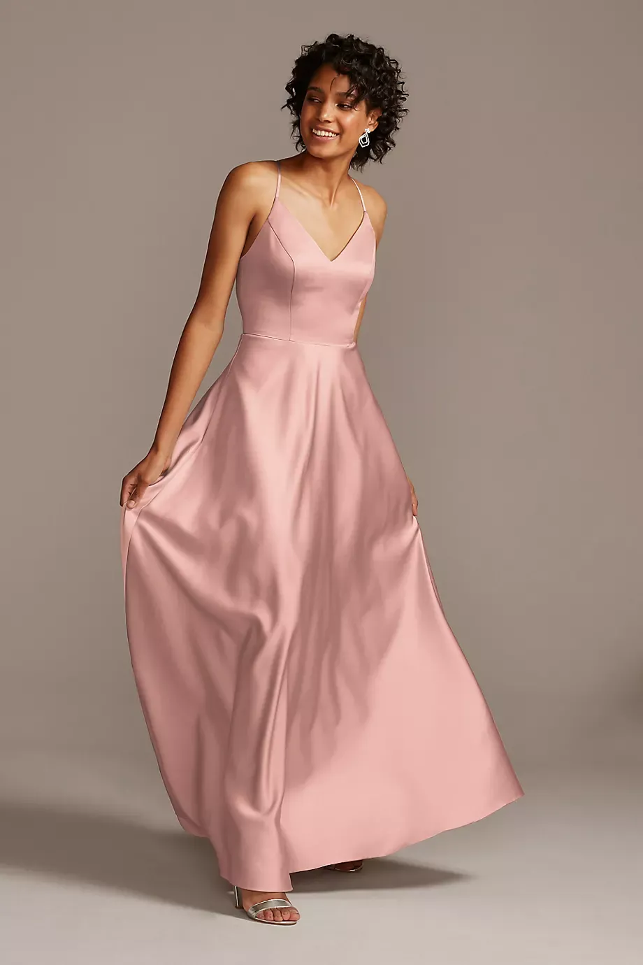 Celebrate DB Studio Spaghetti Strap Satin A-Line Long Bridesmaid Dress in Ballet Size: 10 David's Bridal