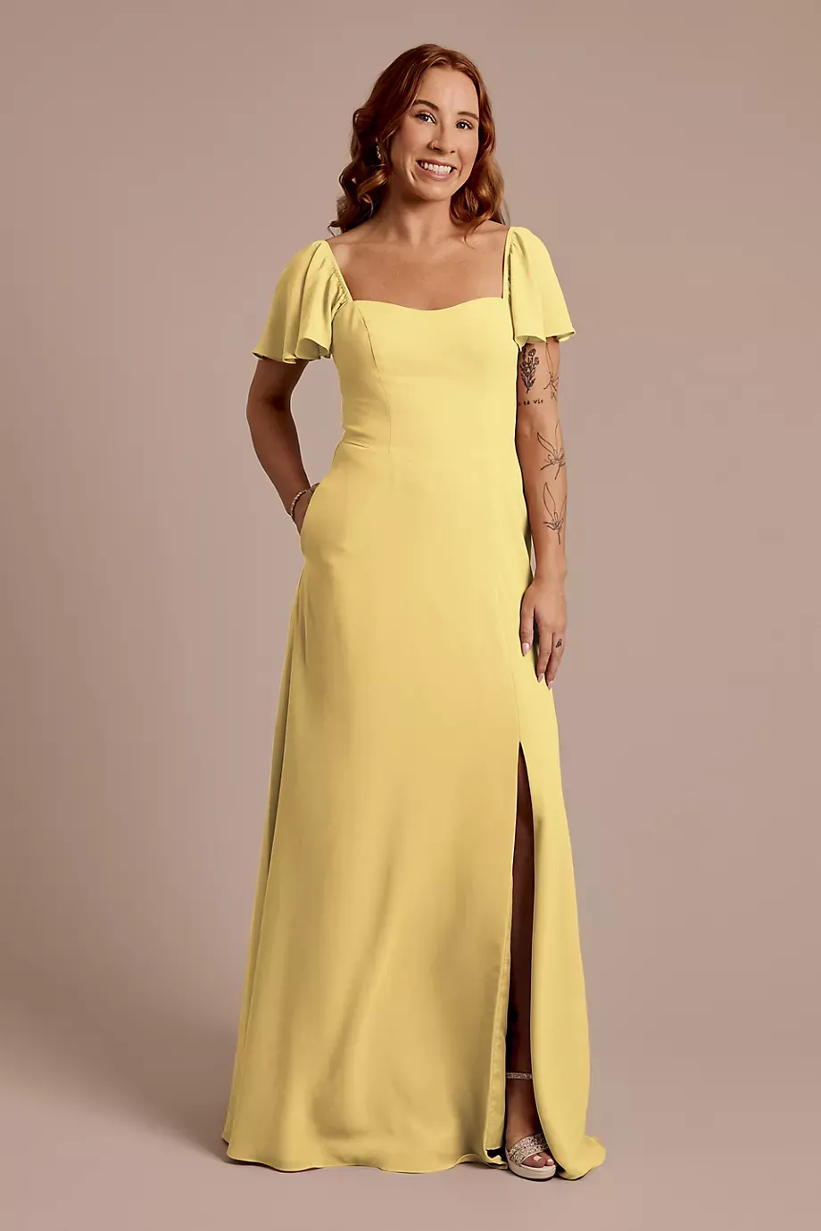 Celebrate DB Studio Chiffon Flutter Sleeve Dress With Basque Waist in Pale Yellow Size: 12 David's Bridal