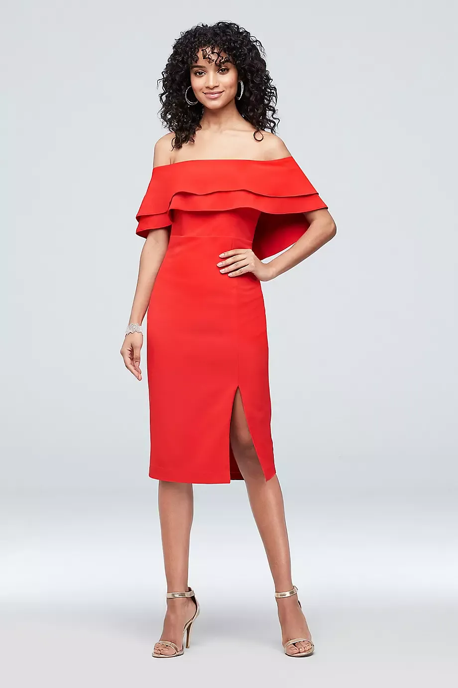 Bardot Flounced Crepe Off-The-Shoulder Sheath Dress in Red Size: Small David's Bridal