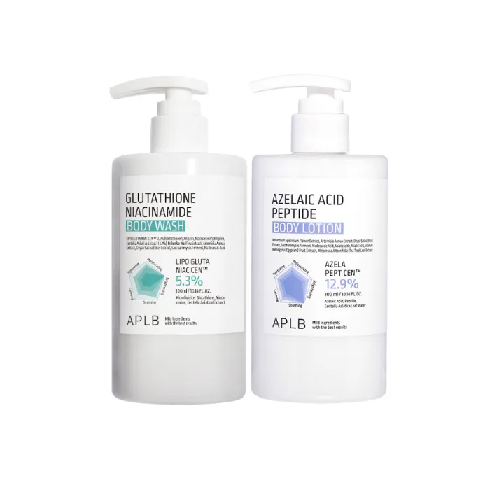 APLB - Glutathione Niacinamide Body Wash - 300ml (1ea) & Azelaic Acid Peptide Body Lotion - 300ml (1ea) Set