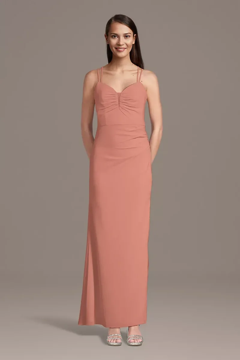 Celebrate DB Studio Chiffon Spaghetti Strap Notch Neck A-Line Dress in Desert Coral Size: 4 David's Bridal