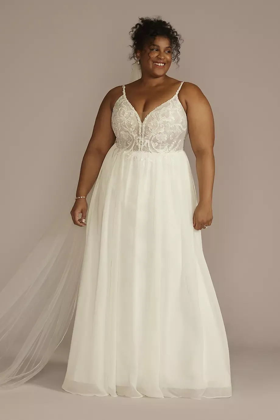 DB Studio Lace Bodice Spaghetti Strap A-Line Wedding Dress in Ivory/Nude Size: 26W David's Bridal