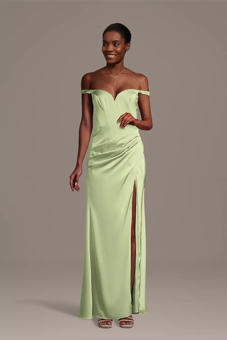 Galina Signature Matte Satin Drop Waist Off-The-Shoulder Dress in Pistachio Size: Medium David's Bridal