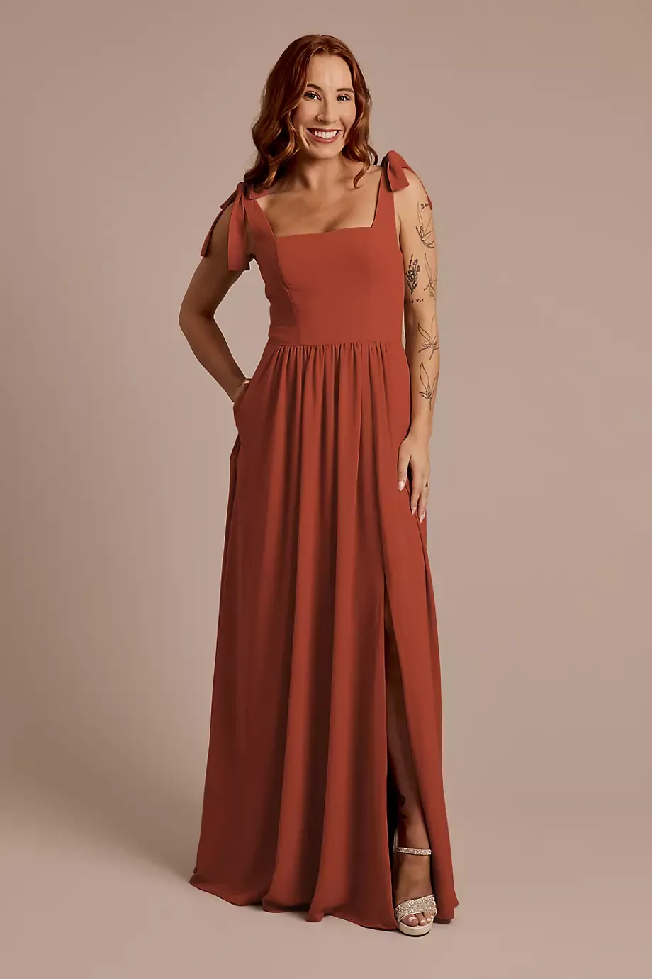 Celebrate DB Studio Chiffon Tie Strap Tank A-Line Dress in Cinnamon Size: 12 David's Bridal