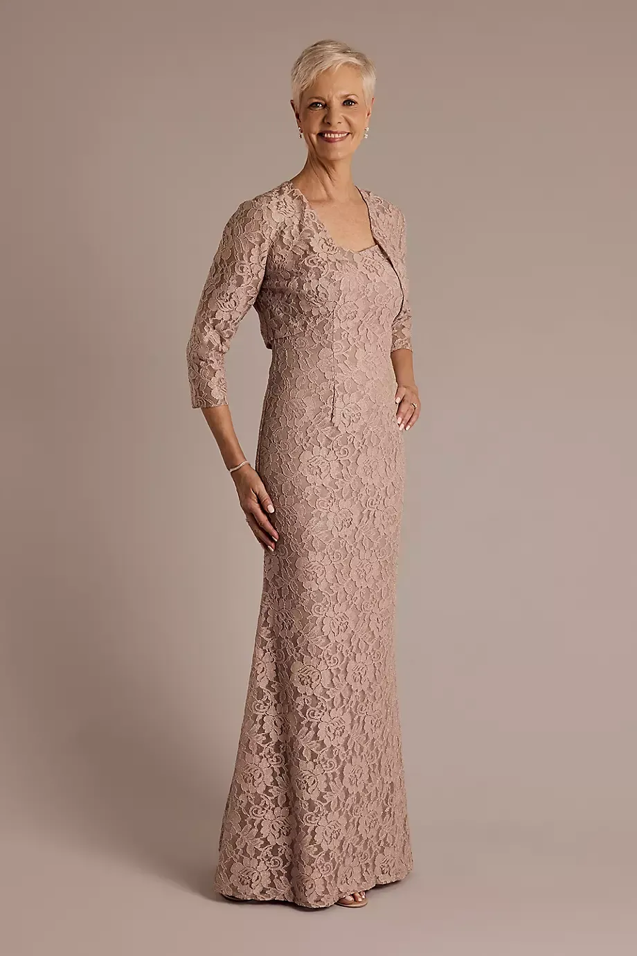 Oleg Cassini Allover Lace Three-Quarter Sleeve Jacket Dress in Blush Size: 4 David's Bridal
