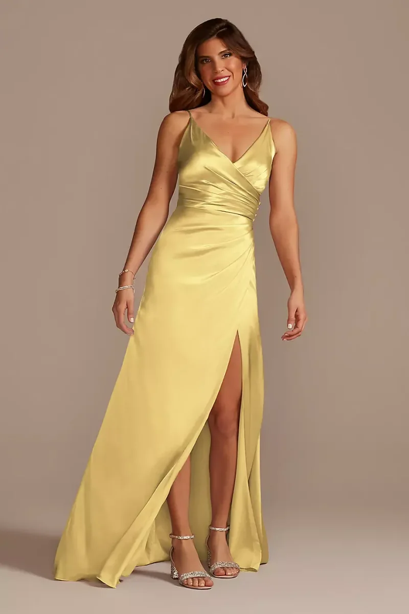 Galina Signature Charmeuse Draped Strappy Dress in Pale Yellow Size: 4 David's Bridal