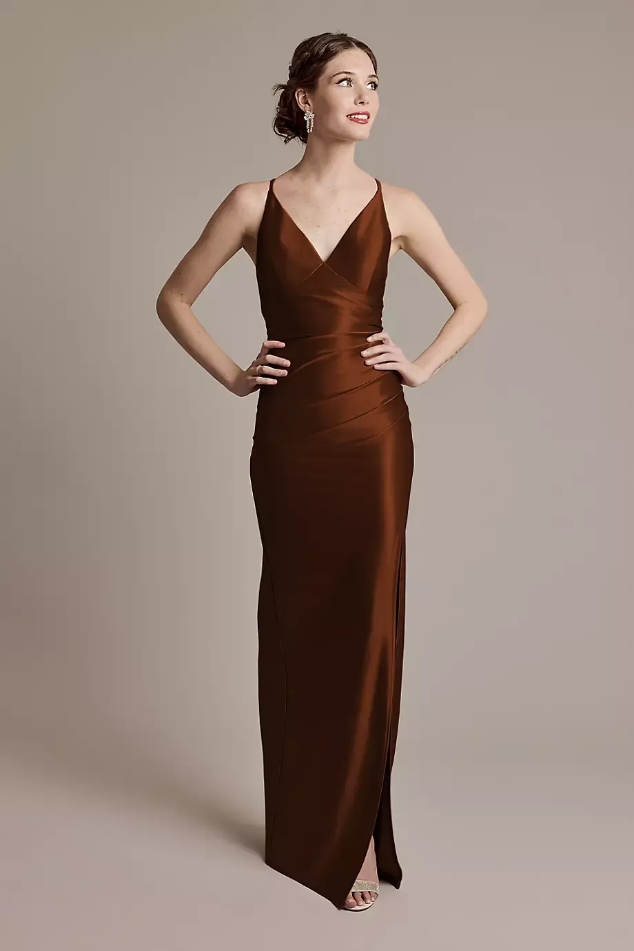 Celebrate DB Studio Sculpting Satin V-Neck Cross-Back Dress in Chocolate Size: 6 David's Bridal