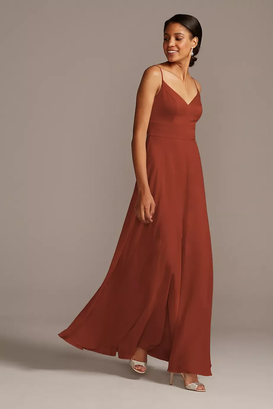 Spaghetti Strap Crepe-Back Satin Dress in Cinnamon Size: 2 David's Bridal