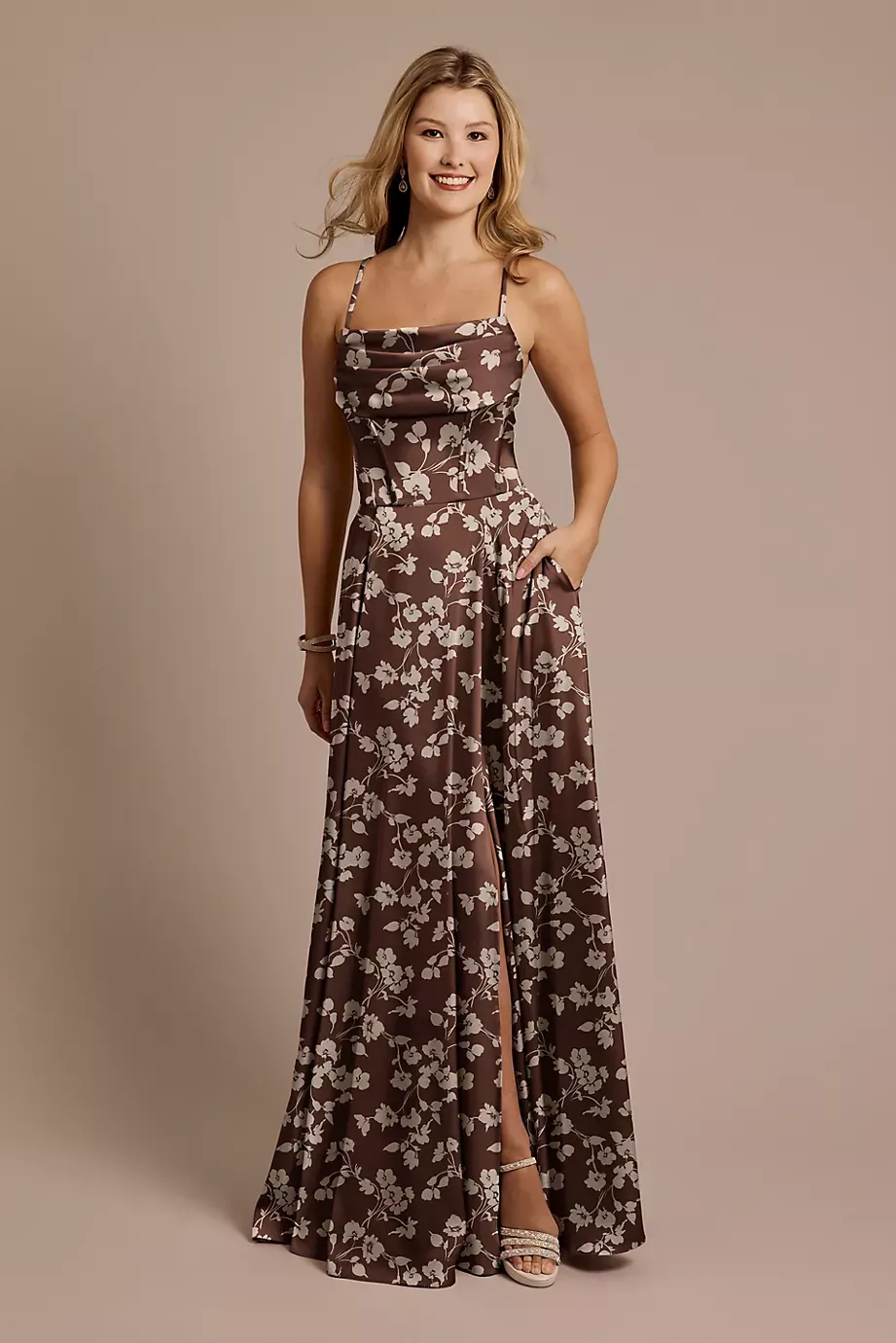 Galina Signature Floral Matte Satin Cowl Neck A-Line Dress in Chocolate Floral Print Size: 16 David's Bridal