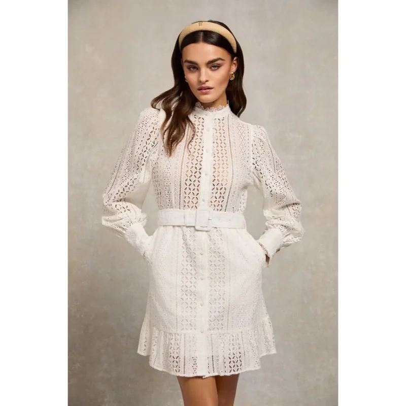 Collarless Broderie Mini Dress