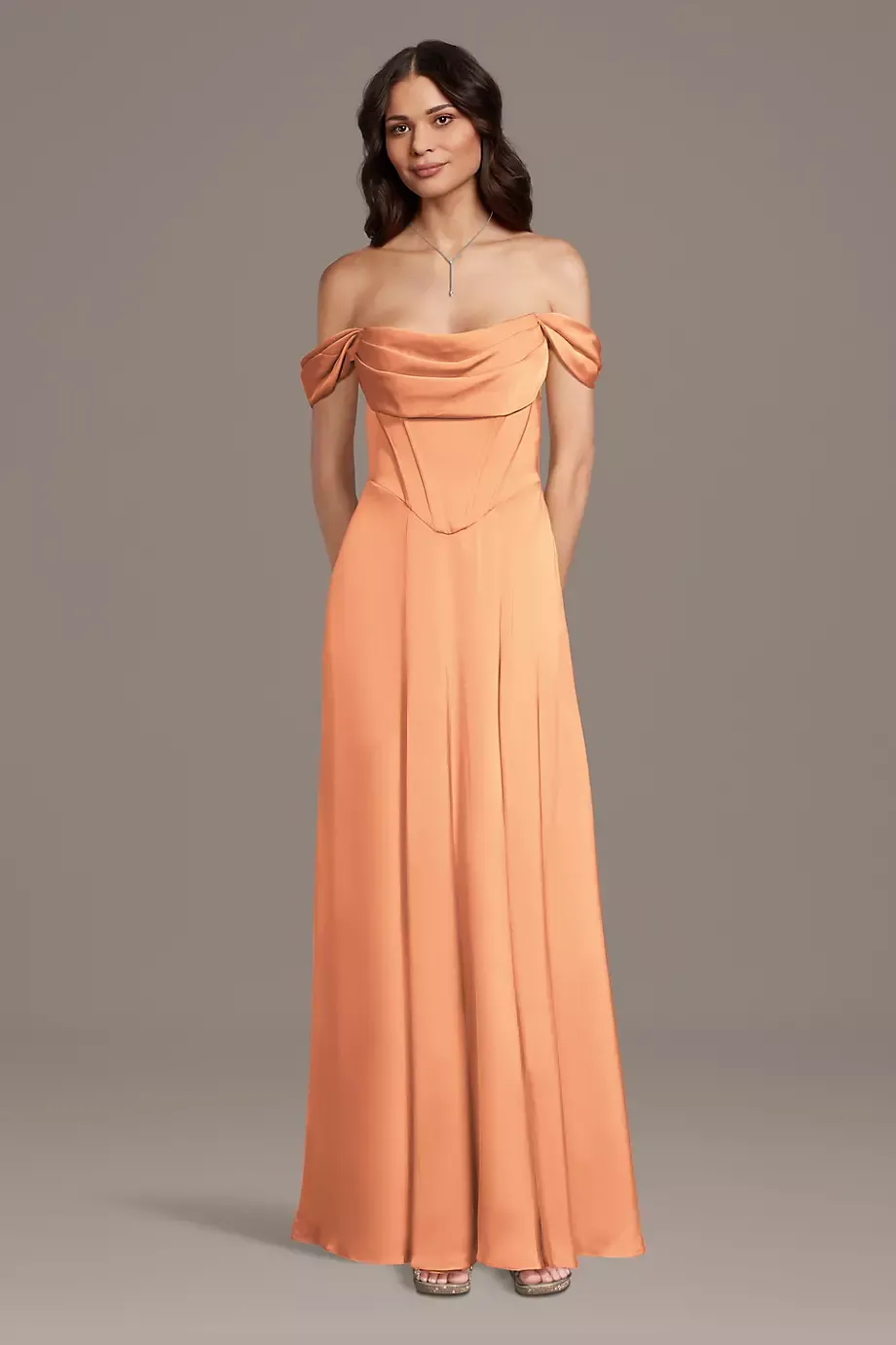 Galina Signature Matte Satin Basque Waist Off-The-Shoulder Dress in Orange Sorbet Size: 4X David's Bridal