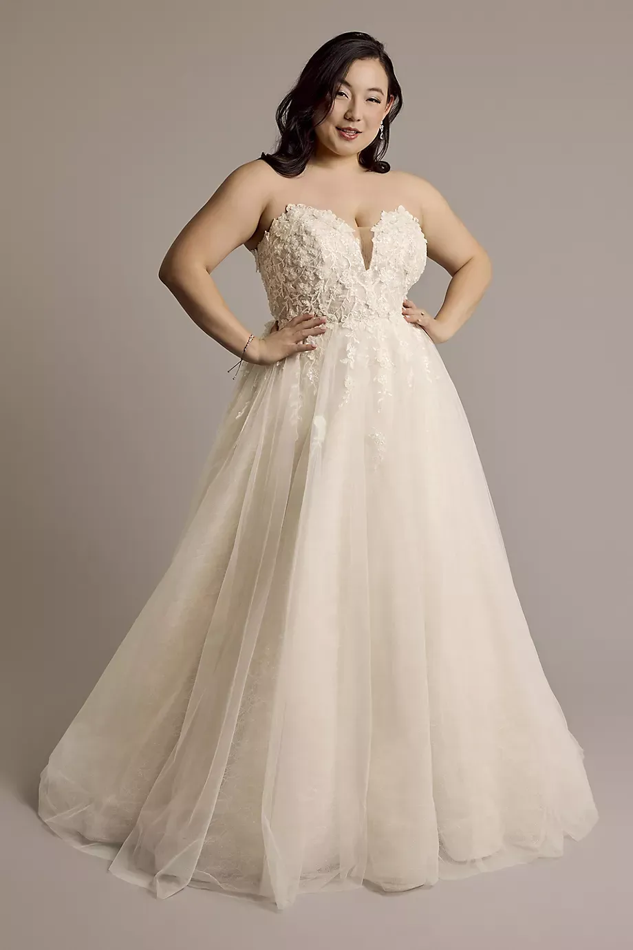 Oleg Cassini 3D Floral Plunging Strapless Tulle Ball Gown in Ivory/Almond Size: 16W David's Bridal