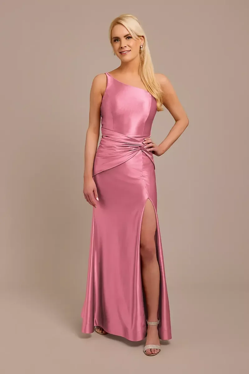 Galina Signature Sculpting Satin One-Shoulder Knot Dress in Rose Pink Size: 14 David's Bridal
