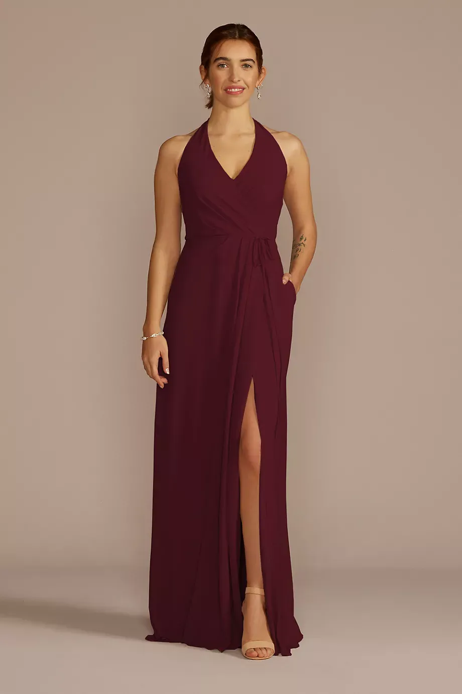 Celebrate DB Studio Chiffon Halter Faux Wrap A-Line Dress in Wine Size: 0 David's Bridal