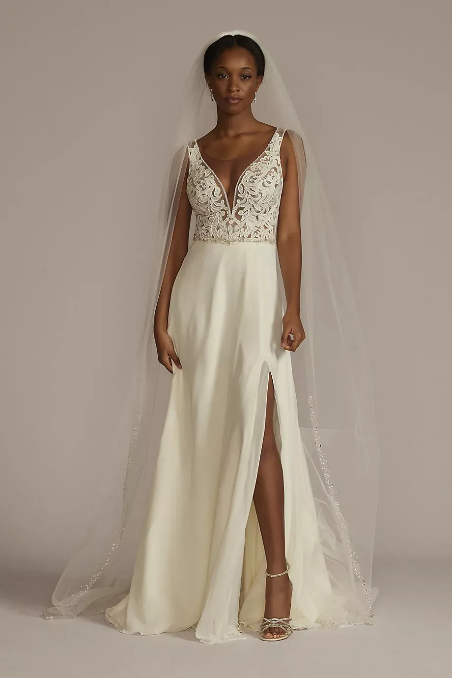 Galina Signature Applique Illusion Chiffon Wedding Dress in Ivory/Cocoa Size: 4 David's Bridal