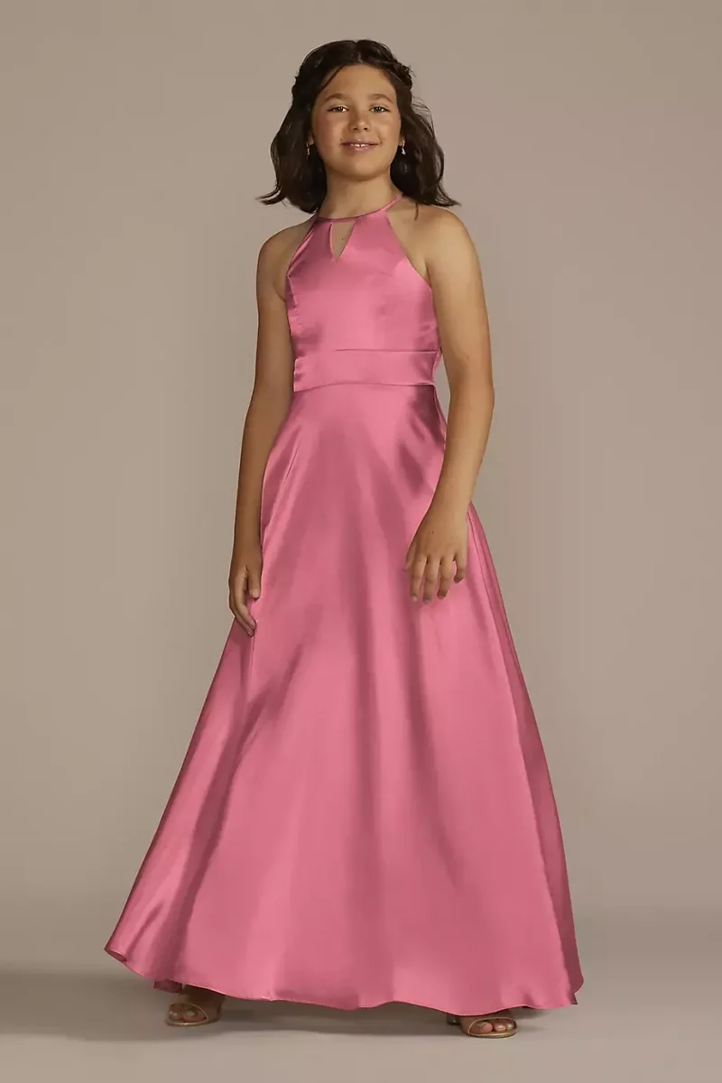 Galina Signature Charmeuse High-Neck Junior Bridesmaid Dress in Rose Pink Size: 16 David's Bridal